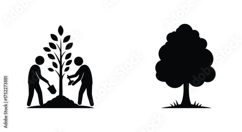 People planting a young tree alongside a fully grown tree silhouette