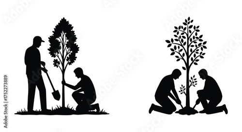 People planting trees in a black and white silhouette illustration