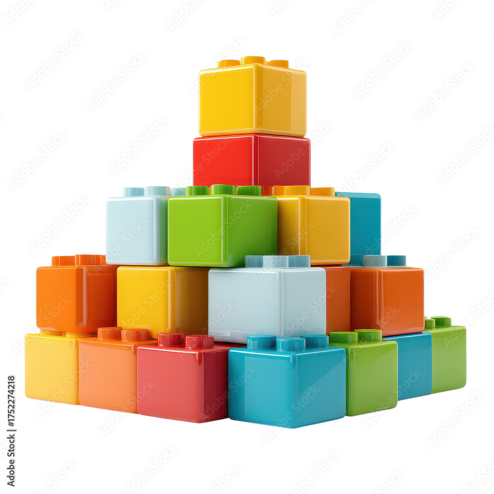 Obraz premium A colorful pyramid made of interlocking plastic building blocks on a transparent isolated background studio shot