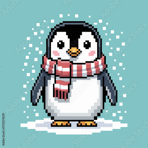 pixel penguin wearing scarf, winter snow background, adorable arctic bird character, retro sprite, holiday season greeting vector