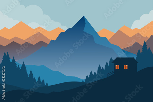 Cabin nestled in a mountain landscape at twilight