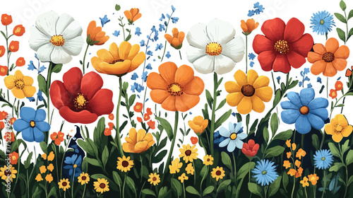 A beautiful meadow of colorful spring flowers, butterflies, and a vibrant yellow-orange marigold blossom brings the joy of nature and the season's beauty