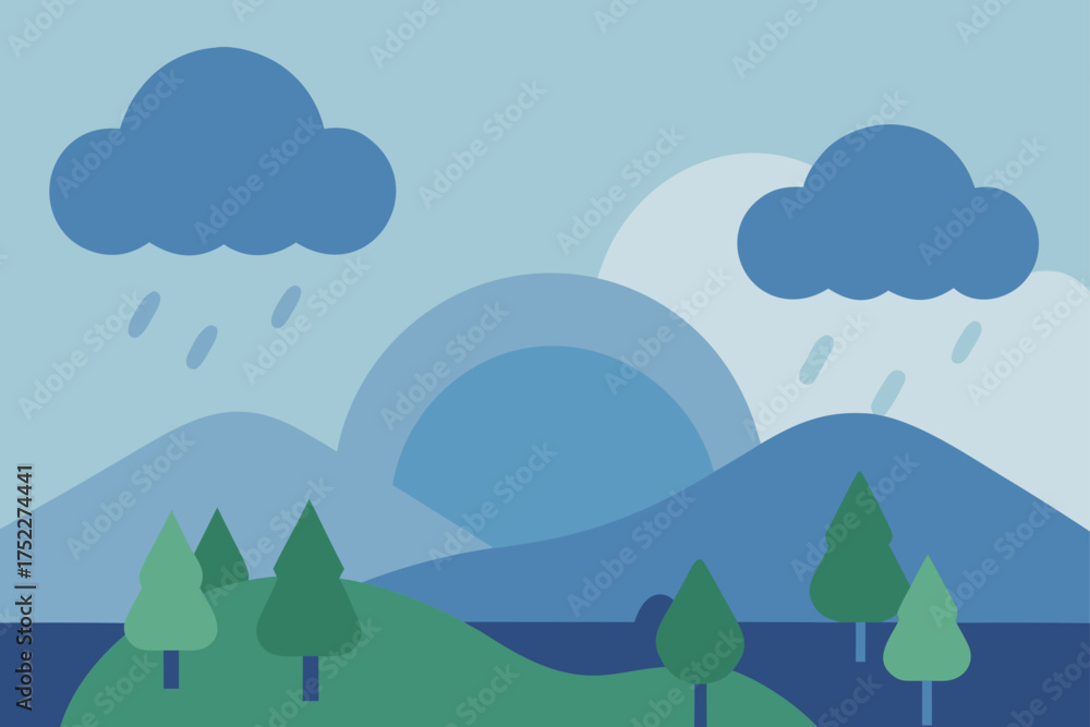 Fototapeta premium Cartoon landscape with rain clouds and green trees