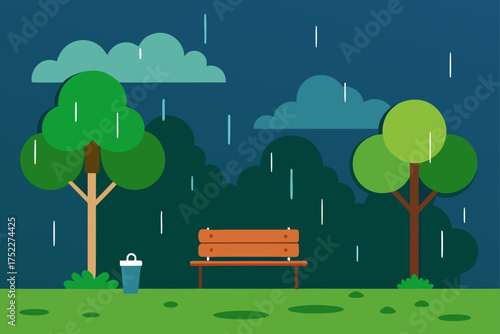 Park scene with bench trees and rain illustration