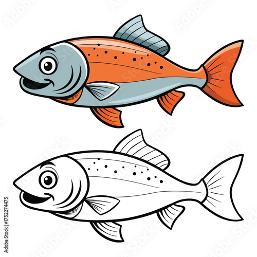 cartoon illustration of cute salmon animal character for coloring book, Animal outline for fish swimming.