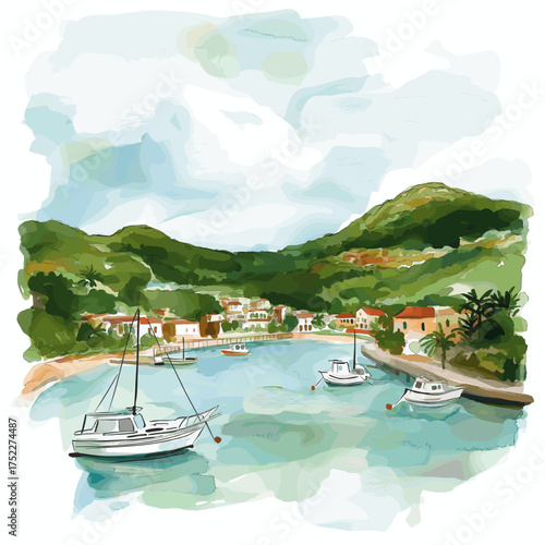 English Harbour. English Harbour hand drawn watercolor illustration