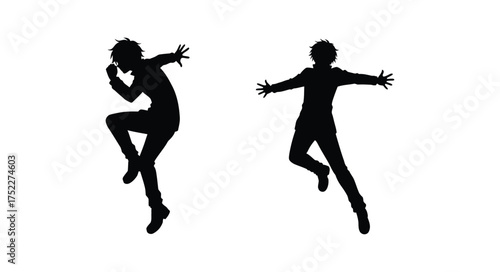 Silhouettes of two people jumping with arms outstretched in motion