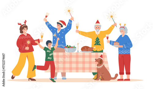 Happy big family in winter festive clothes with wine glasses and Bengal lights having Christmas dinner. People celebrating Christmas or New Year. Flat characters vector illustration.
