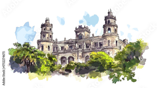 Chapultepec Castle. Chapultepec Castle hand drawn watercolor illustration