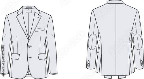 blazer men tailored button two closure lapel notched pocket chest welt pocket flap seam vent side back patch elbow cuff apparel garment clothing fashion textile template vector sketch prototypeblazer 