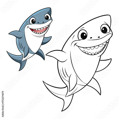 Cartoon Shark Coloring Page – Split Illustration with Colored and Outline Versions for Kids’ Ocean Learning, Creativity, and Fun Activities