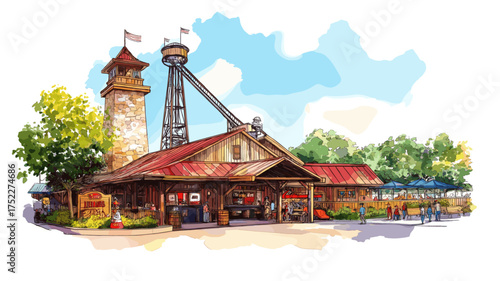 Knott?s Berry Farm. Knott?s Berry Farm hand drawn watercolor illustration