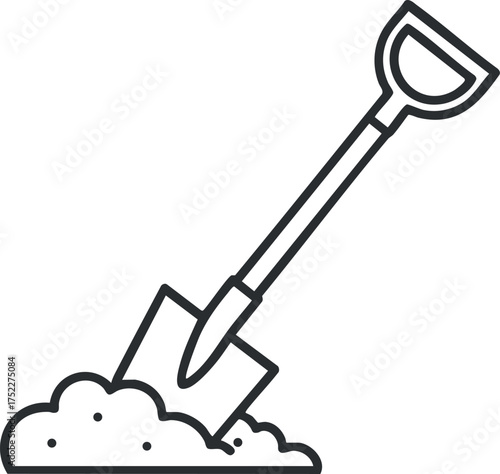 A simple illustration of a shovel digging into a pile of dirt for construction or gardening.
