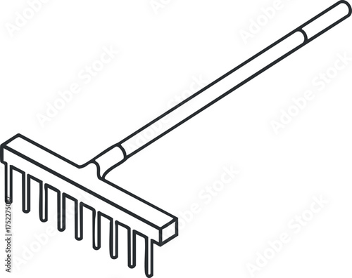 Outline of a gardening rake designed for landscaping and outdoor maintenance tasks.