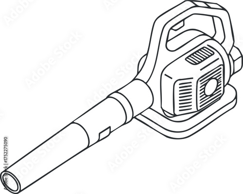 An outline illustration of a handheld leaf blower showcasing its design and features.