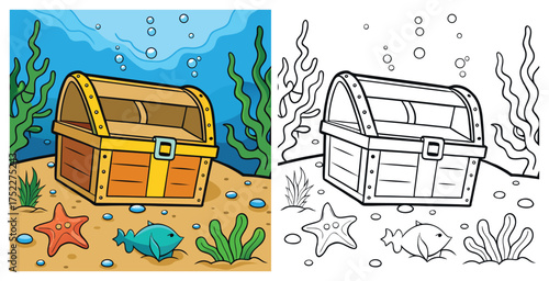 Underwater Treasure Scene – Colored and Black-and-White Split Illustration Featuring Fish, Starfish, Seaweed, Bubbles, and Ocean Floor Chest