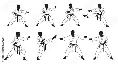 Sequence of karate stances and kicks illustrated in a black and white style