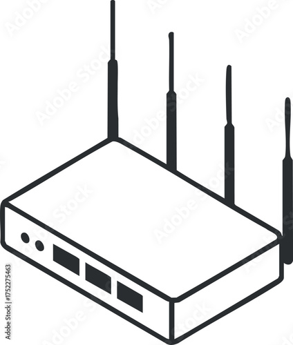 Illustration of a wireless router with antennas for internet connectivity and data transmission.