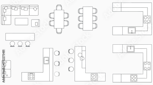 Vector art of collection of architectural floor plans showcasing various layouts for kitchens, dining rooms, and living spaces, a diverse range of designs