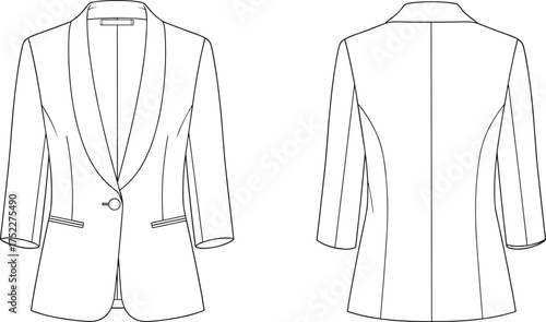 blazer women tailored single button closure collar shawl lapel pocket welt flap seam princess curved hem sleeve fitted apparel garment clothing fashion textile template vector sketch prototypeblazer w