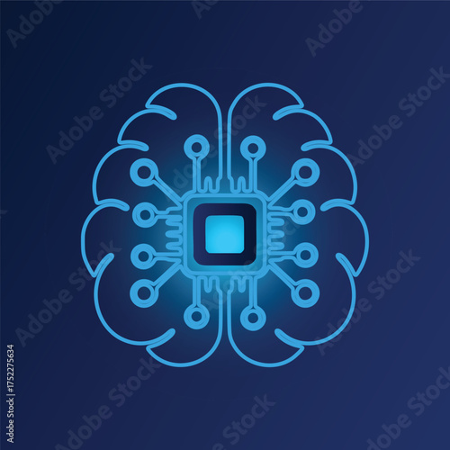 Outline Brain with Microchip Circuit Board Glowing on Dark Blue Background