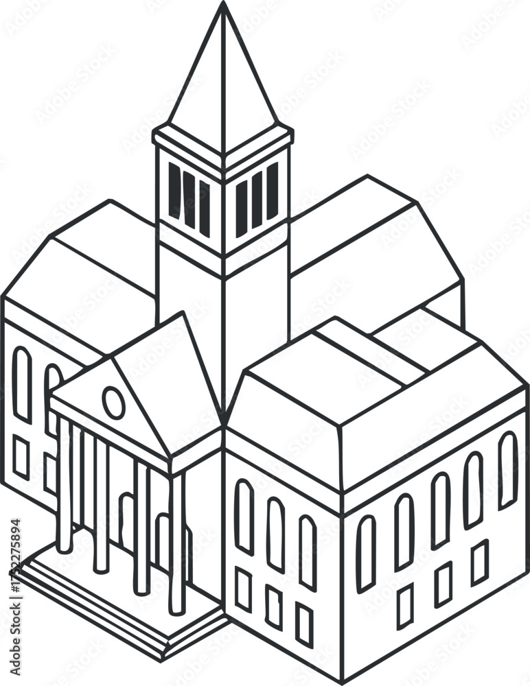 Obraz premium A detailed outline illustration of a historic building with multiple architectural features.