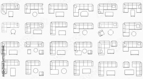 Vector art of furniture arrangement plan set collection of furniture symbols for interior design projects sofa, armchair, table, and other furniture elements for floor plan
