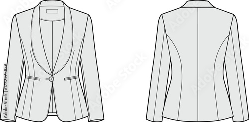 blazer women tailored single button closure lapel notched pocket welt seam princess curved hem sleeve fitted apparel garment clothing fashion textile template vector sketch illustration design prototy