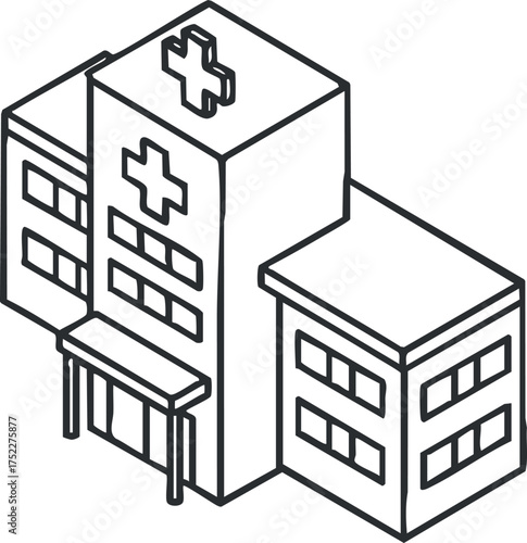 Illustration of a hospital building featuring medical symbols and architectural details.