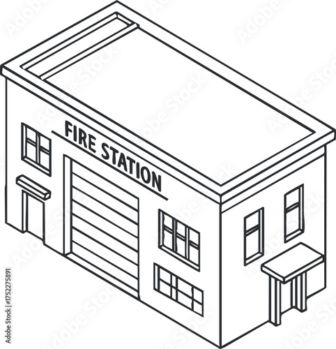 Illustration of a fire station building featuring a garage and office areas.