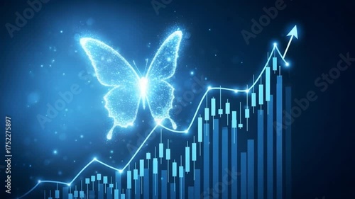 Wallpaper Mural Glowing butterfly ascends above upward trending stock market candlestick chart with sparkling particles Torontodigital.ca