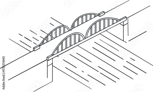 An isometric illustration of a bridge spanning over water, showcasing architectural design elements.