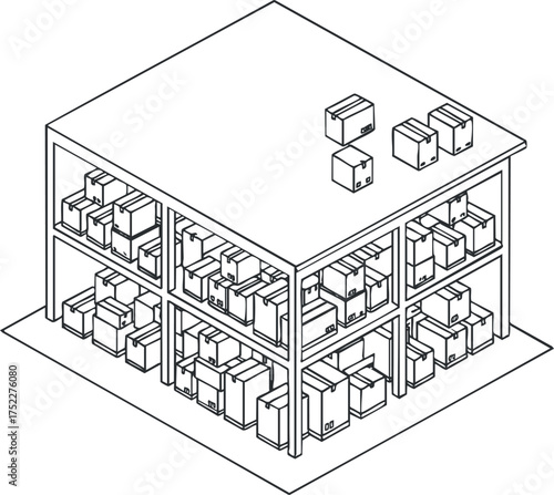 Illustration of a warehouse with shelves stacked with boxes for storage and organization.