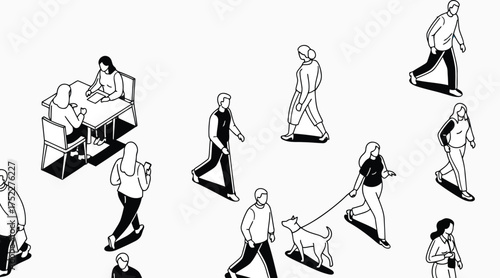 Vector art of isometric illustration of people in various activities includes walking, sitting, and interacting, simple line drawing style for design projects
