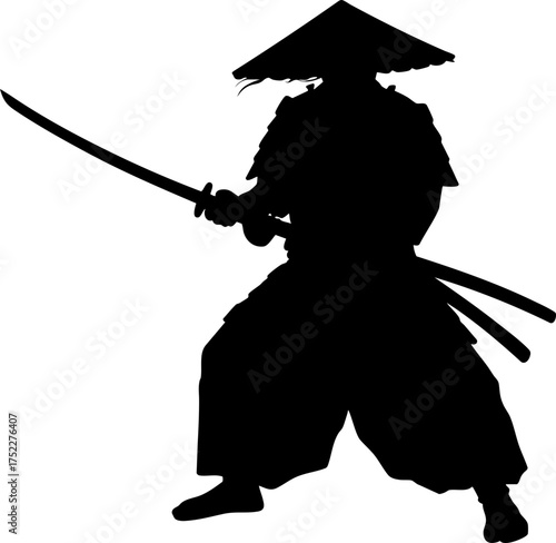 A stoic samurai warrior silhouette following the sacred code of bushido while wielding a katana