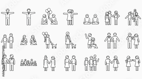 Vector art of stick figure people in various activities includes walking, sitting, and interacting, simple line drawing style for design projects