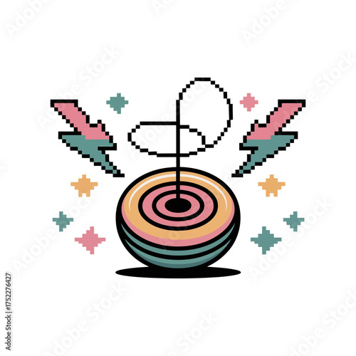 retro yoyo spinner, electric lightning bolts, pastel geometric accents, arcade style toy graphic, playful gaming vector illustration