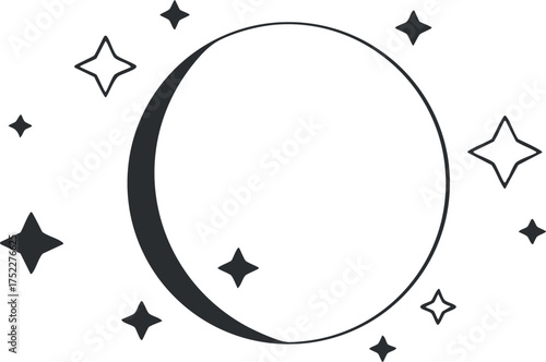 Illustration of a crescent moon surrounded by stars, perfect for celestial-themed designs.