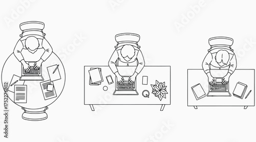 Vector art of topdown view line drawings of people working at desks, showcasing different desk arrangements and office layouts, emphasizing productivity and workspace design