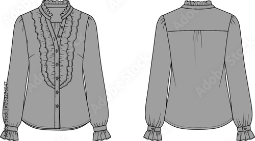 blouse women ruffle placket collar vneck button cuff gathered sleeve yoke curved hem apparel garment clothing fashion textile template vector sketch illustration design pattern wardrobe prototypeblous