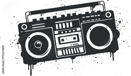A vintage boombox illustration featuring a cassette deck and retro design elements.