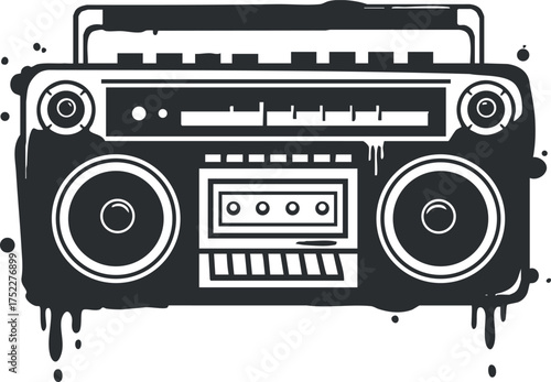 A retro boombox illustration featuring dual speakers, cassette deck, and a vintage design.