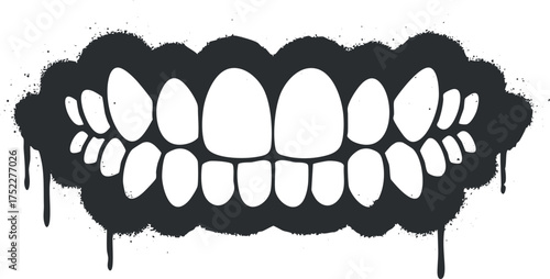 A bold graphic illustration of a stylized mouth with prominent teeth and dripping effect.