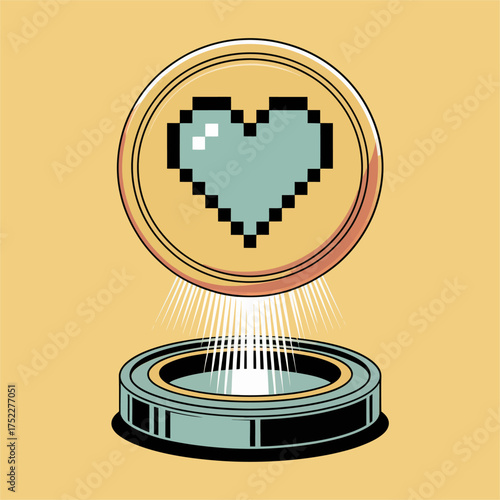 Pixel heart coin hovering, glow platform beam, arcade reward token, love power currency, cute gaming vector illustration