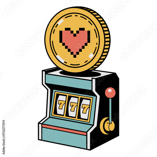 Retro slot machine with heart coin, playful casino theme, pixel style jackpot, vintage arcade gaming vector illustration