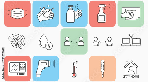 Vector art of set of icons for coronavirus protection includes mask, hand washing, sanitizer, social distance, stay home and more vector illustration