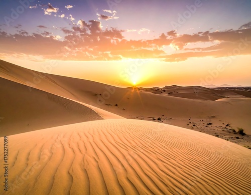 Fototapeta Naklejka Na Ścianę i Meble -  Golden sunrise over rippled sand dunes in a vast desert