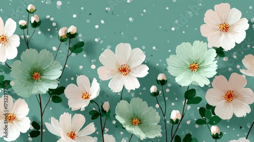 Elegant Floral Illustration with White and Mint Green Flowers on Teal Background