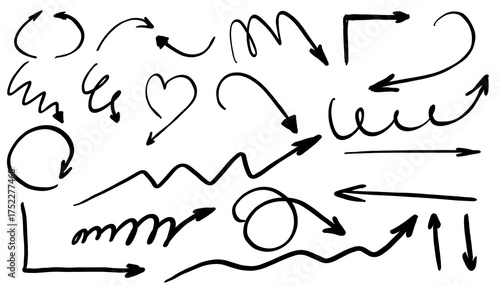Set of hand-drawn black arrows isolated on transparent background. Doodle sketch arrows collection with curved, spiral, and wavy shapes for infographic, notes, or graphic design projects. PNG