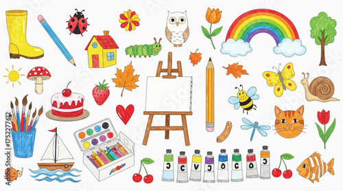Vector art of a delightful collection of handdrawn art supplies and nature elements, perfect for creative projects and educational resources